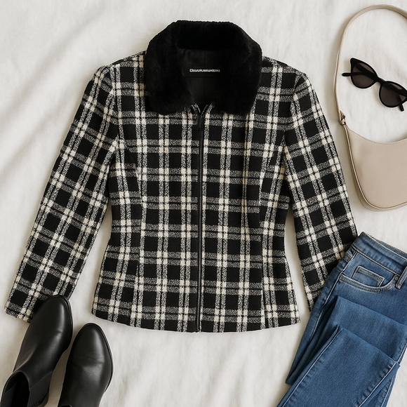 Donna Morgan Black & White Plaid‎ Wool Blend Blazer - Size 6 - Picture 8 of 8